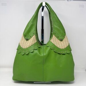 Kate Landry Slouchy Shoulder Bag Palm Green Leather Scalloped Woven‎ Studs Y2K